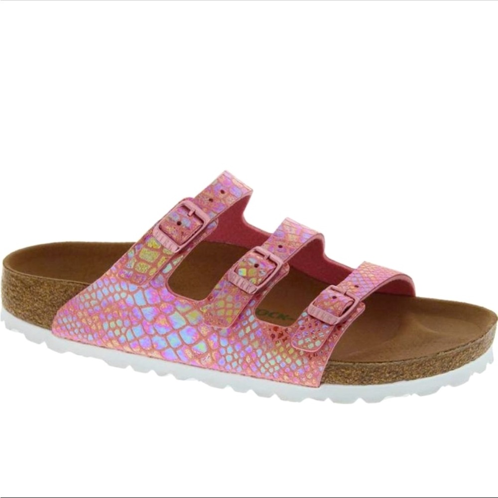 BIRKENSTOCK Florida Fresh Shinny Snake Rose Vegan Sandals Size 38 N - Picture 1 of 8